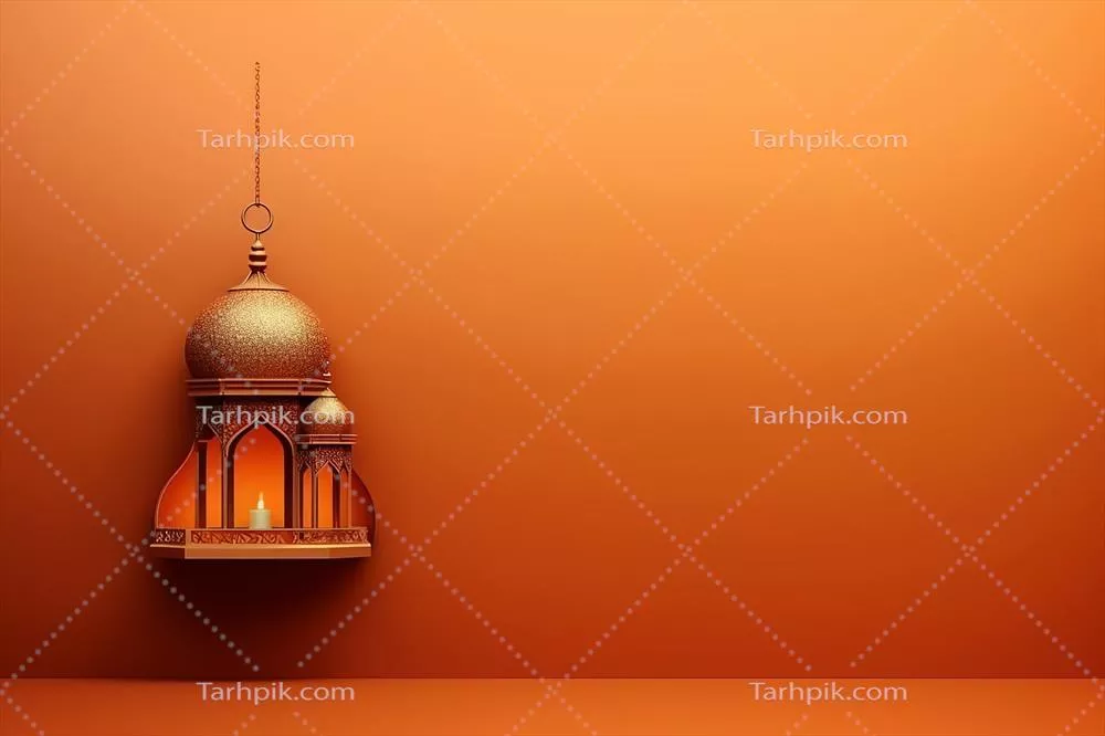 تبریک عید مبارک و رمضان کریم با طراحی چراغ اسلامی و پس‌زمینه‌ای از مسجد در عید فطر