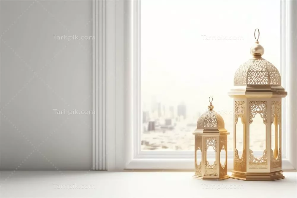 تبریک عید مبارک و رمضان کریم با چراغ اسلامی و مسجد در پس‌زمینه عید فطر