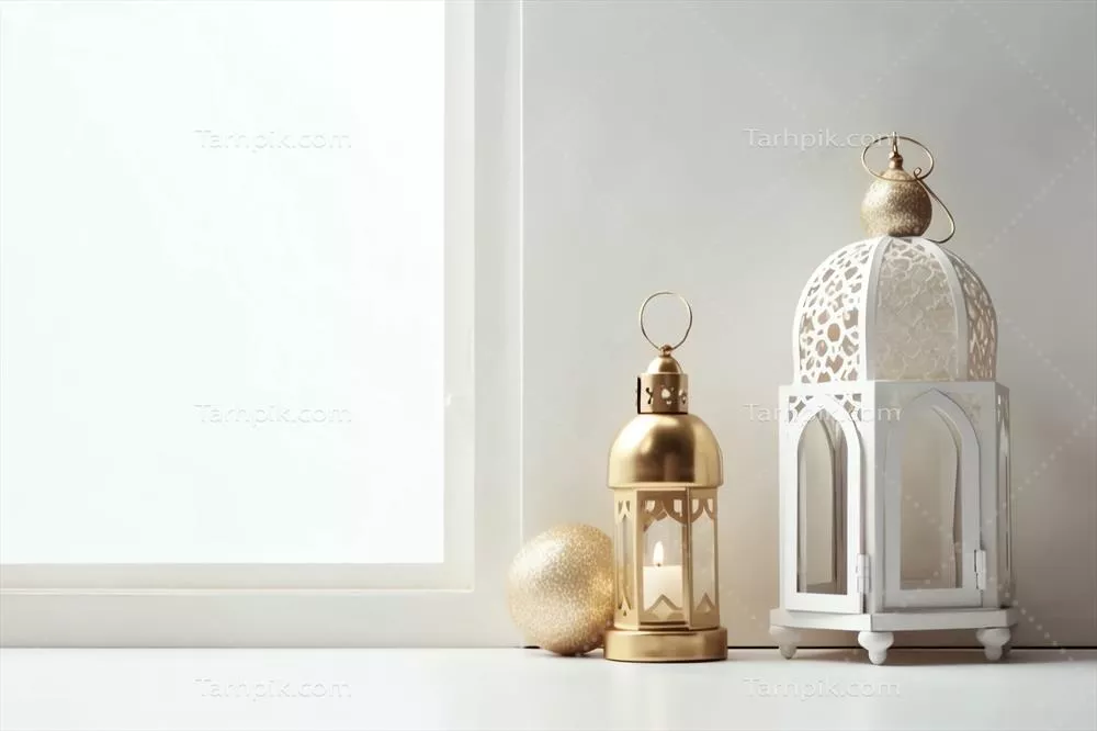 تهنیت عید مبارک و رمضان کریم با چراغ اسلامی و مسجدی به عنوان پس‌زمینه عید فطر