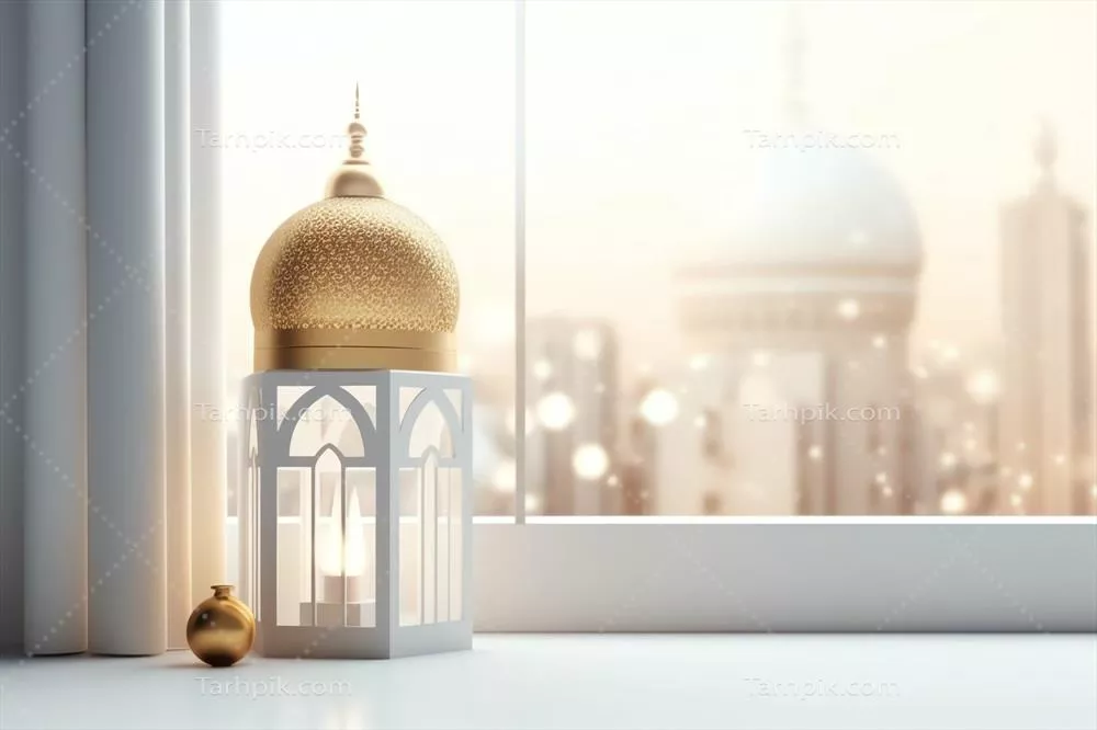 تبریک عید قربان و رمضان کریم با طراحی چراغ اسلامی و مسجد در پس‌زمینه عید فطر