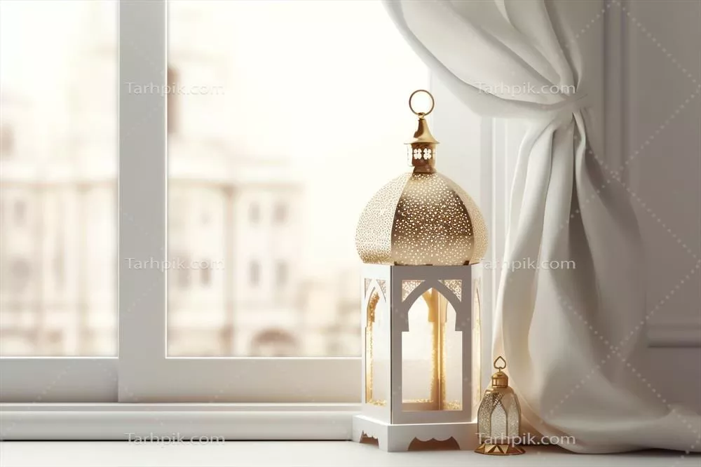 تبریکات عید مبارک و رمضان کریم با تصویر فانوس اسلامی و مسجد در پس‌زمینه عید سعید فطر