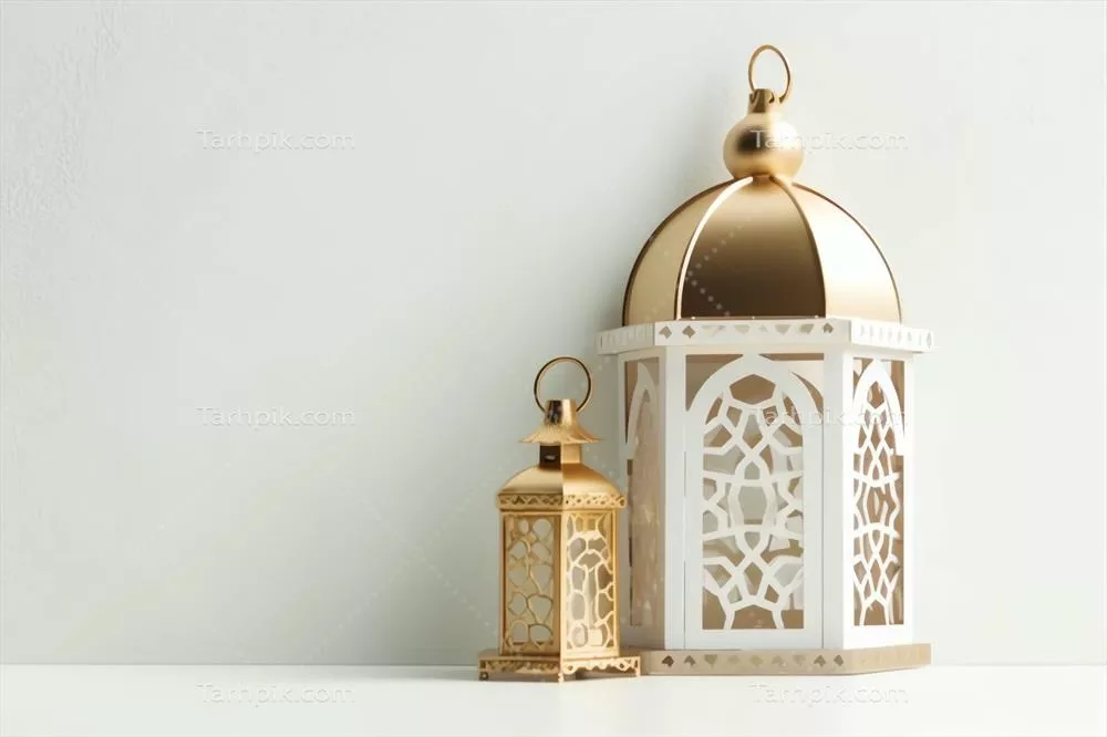 تبریک عید فطر و رمضان با تصویر چراغ اسلامی و مسجد در پس زمینه