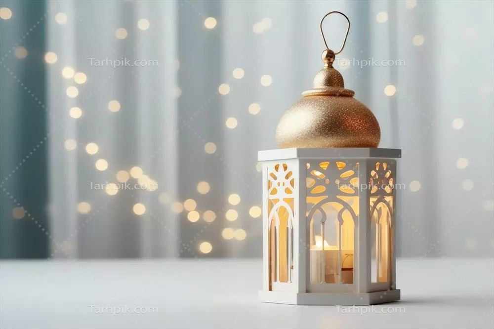 تبریک Eid Mubarak و رمضان کریم با زمینه‌های اسلامی و چراغ و مسجد