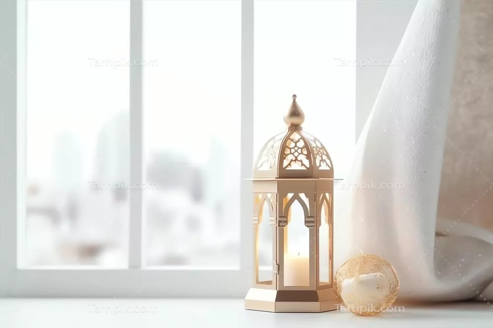 تبریک عید مبارک و رمضان کریم با چراغ اسلامی و پس‌زمینه مسجد عید فطر