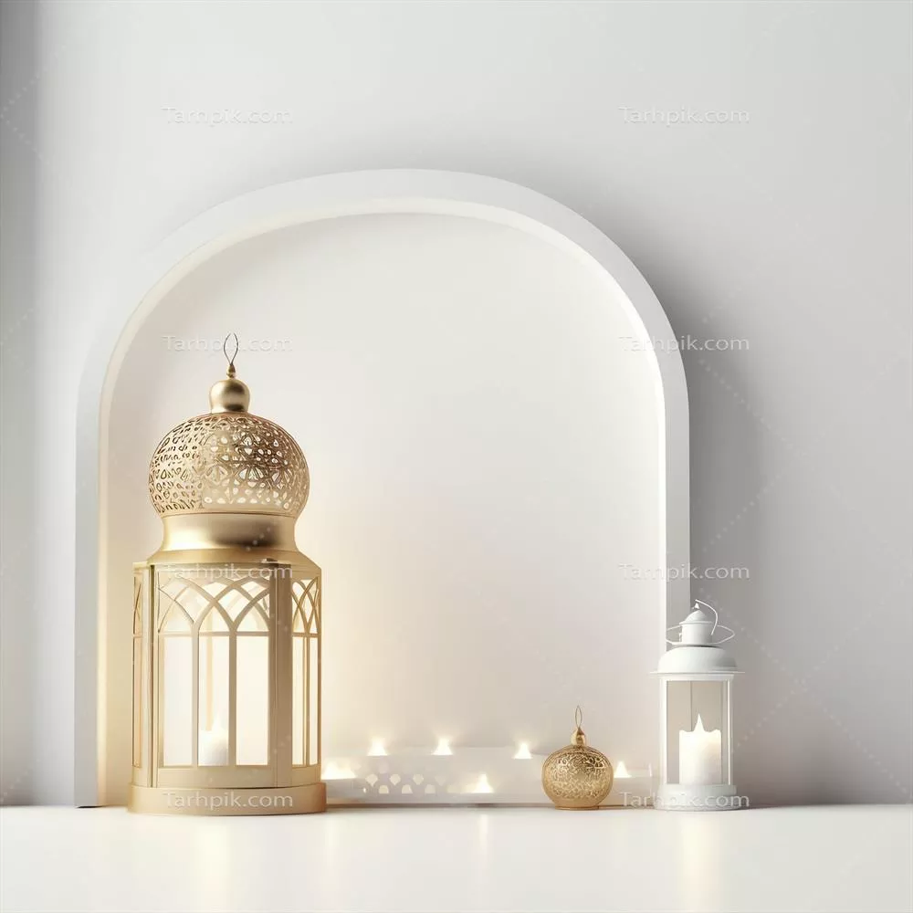 تبریک عید فطر و رمضان با فانوس اسلامی و مسجد در پس‌زمینه