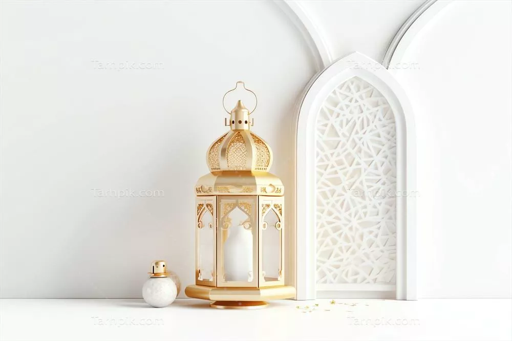 تبریک عید مبارک و رمضان کریم با فانوس اسلامی و پس‌زمینه مسجد عید سعید فطر