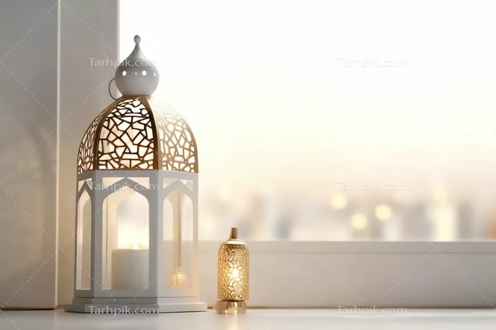 آرایش اسلامی با خوشامدگویی عید فطر و ماه رمضان در پس‌زمینه مسجد و فانوس