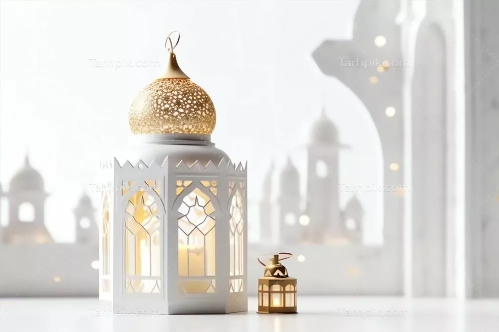 تبریکات عید سعید فطر با چراغ اسلامی و پس‌زمینه مسجد و نالیدگی مدرن