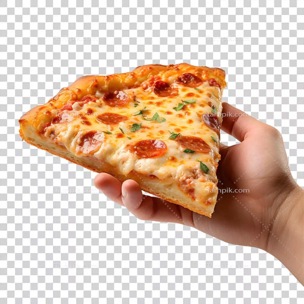 تصویری از دست هوش مصنوعی که با حرکتی وسوسه‌انگیز یک تکه پیتزا را در دست گرفته است