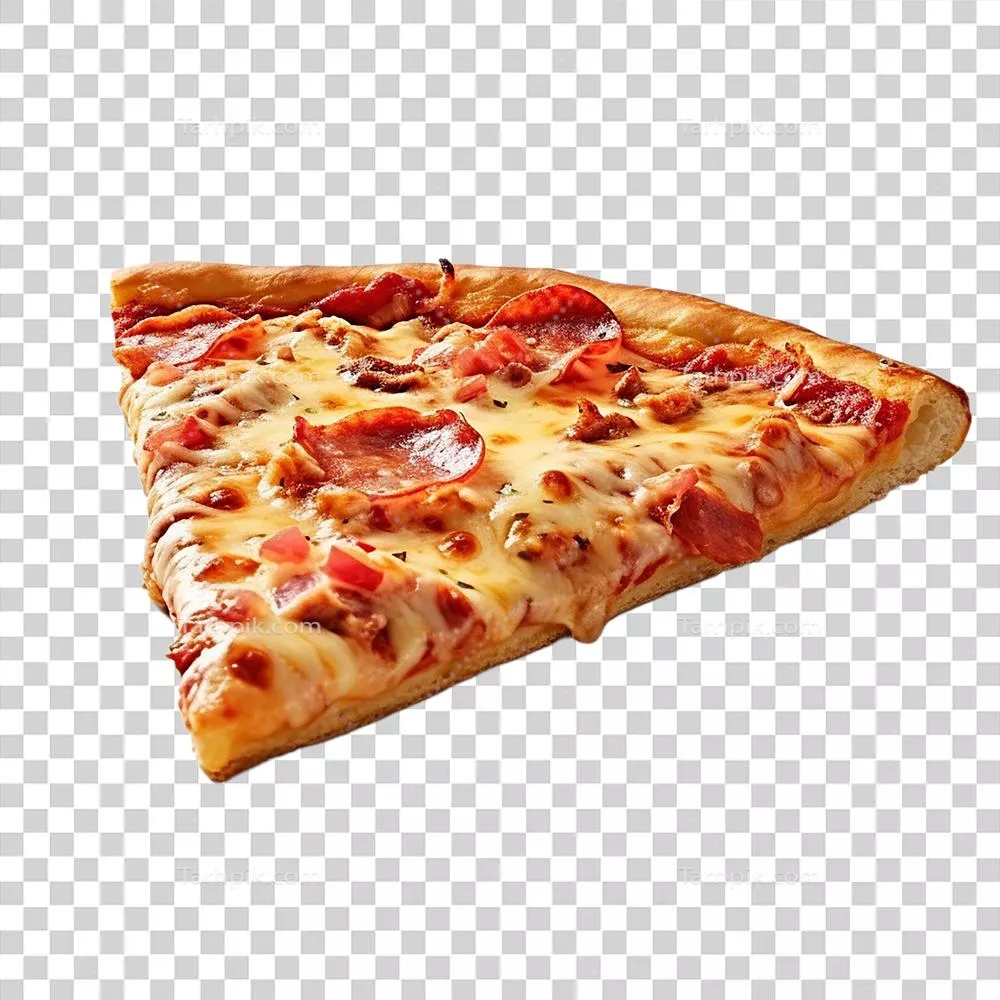 الگوئی از برش پیتزا شناور تولید شده توسط هوش مصنوعی بر روی پس زمینه شفاف