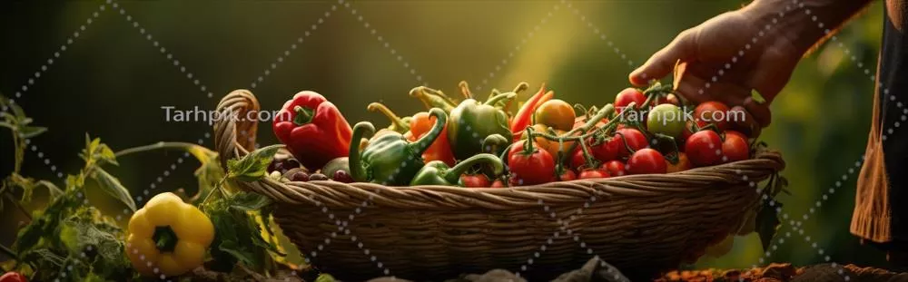 تصویر هوش مصنوعی از فردی با سبدی پر از سبزیجات و محصولات کشاورزی