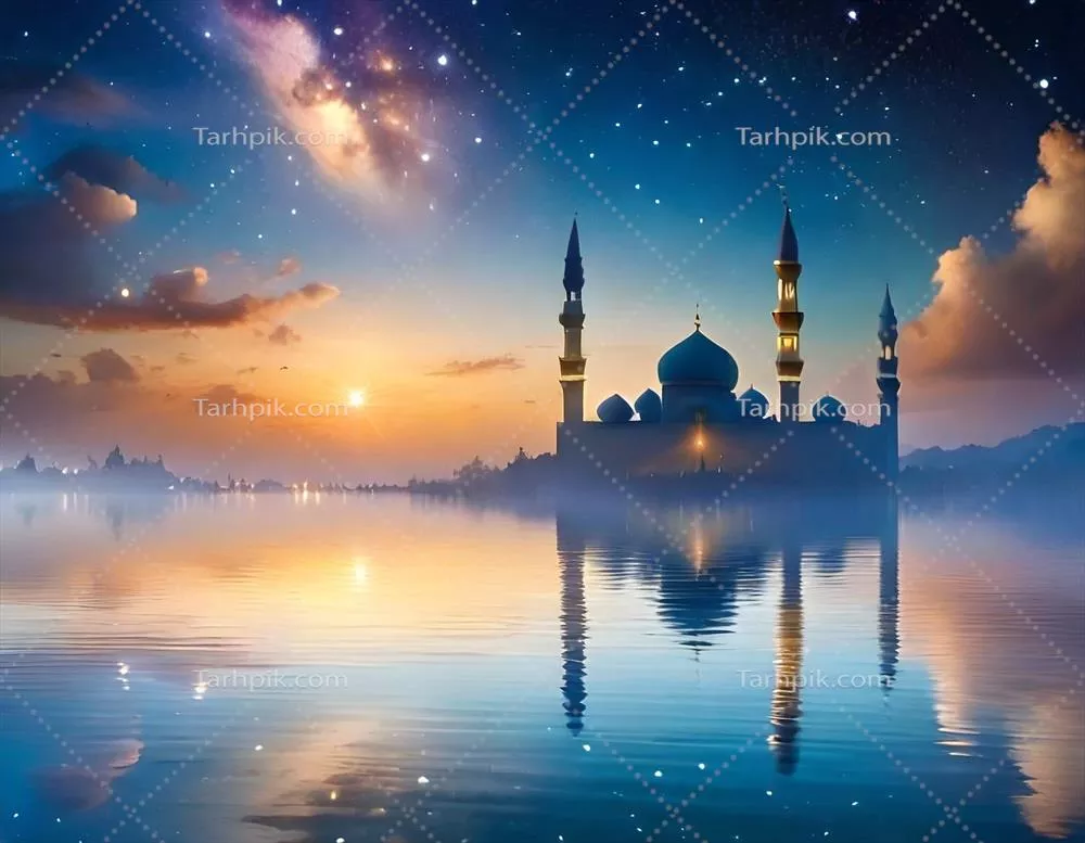 پسزمینه مذهبی جشن رمضان با سیلوئتهای مساجد منعکس شده در دریاچه آرام