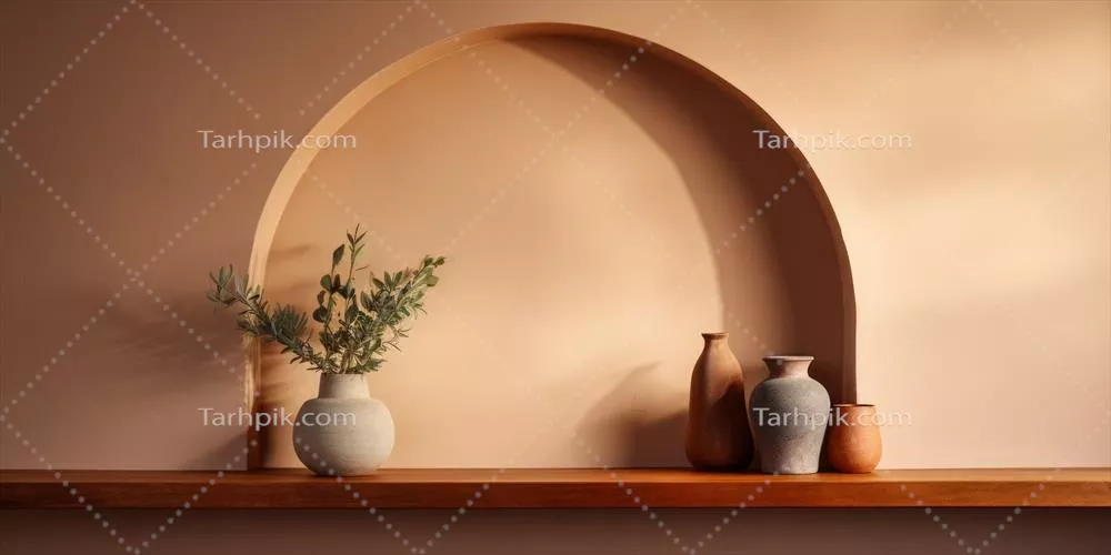 طراحی قفسه مینیمالیستی تولید شده توسط هوش مصنوعی در یک نیک آرک با اقلام تزئینی مختلف