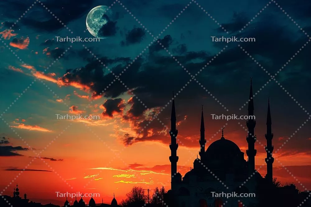 پسزمینه اسلامی تولید شده با هوش مصنوعی با سیاهنما مسجد اسلامی در شب و ماه بر آسمان آبی