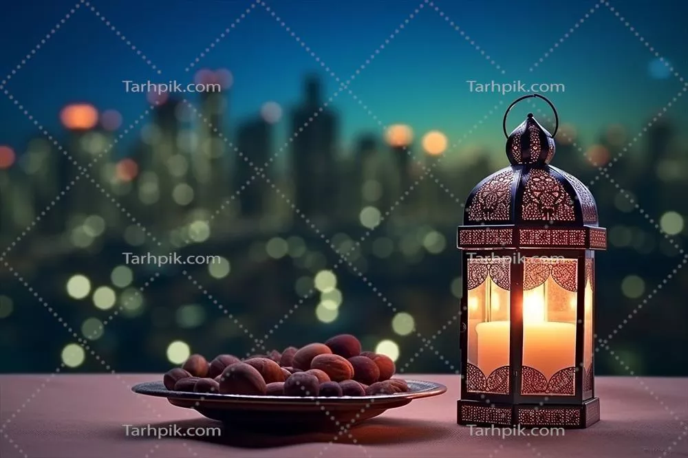 چراغی که توسط هوش مصنوعی طراحی شده در آسمان شامگاهی با بokeh نور شهر