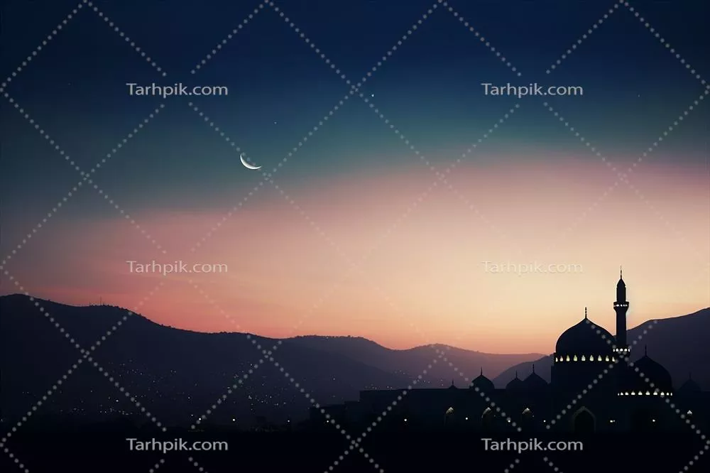 مسجد ای ایجاد شده در شب با ماه در پسزمینه برای جشن رمضان کریم