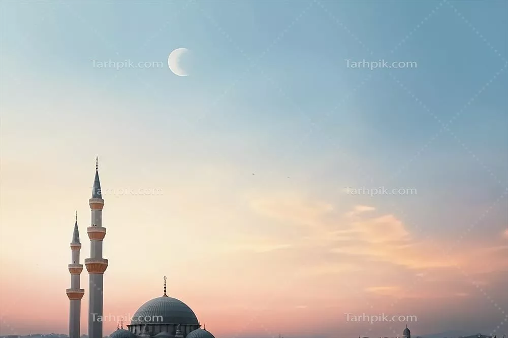 رمضان کریم، منارههای بلند مسجد با گنبد و هلال و ستاره درخشان در آسمان