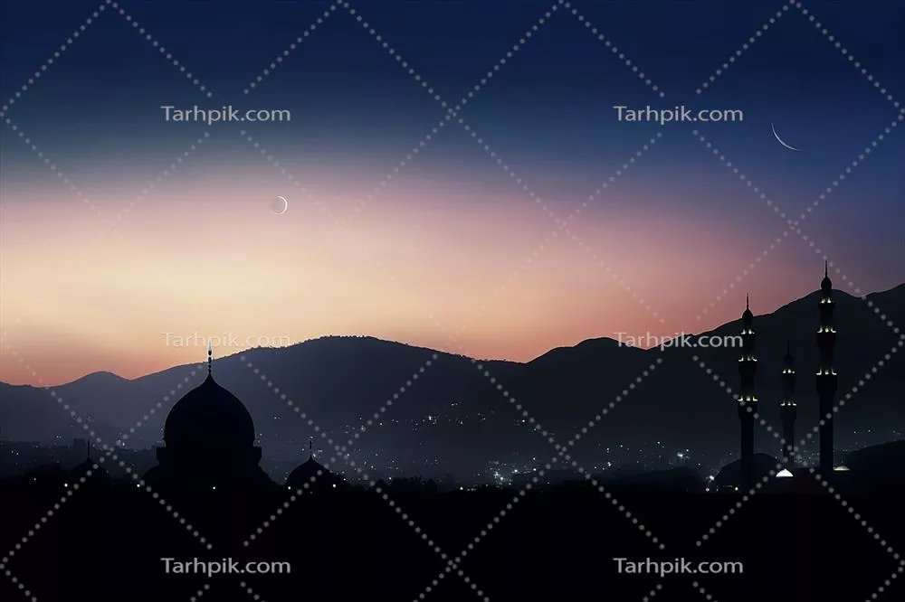 مسجد مصنوعی در شب با پس زمینه ماه و جشن رمضان مبارک