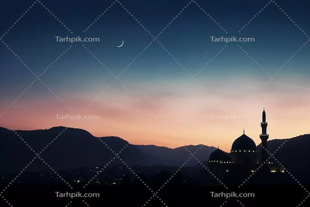 مسجد مصنوعی در شب با ماه در پسزمینه جشن رمضان کریم