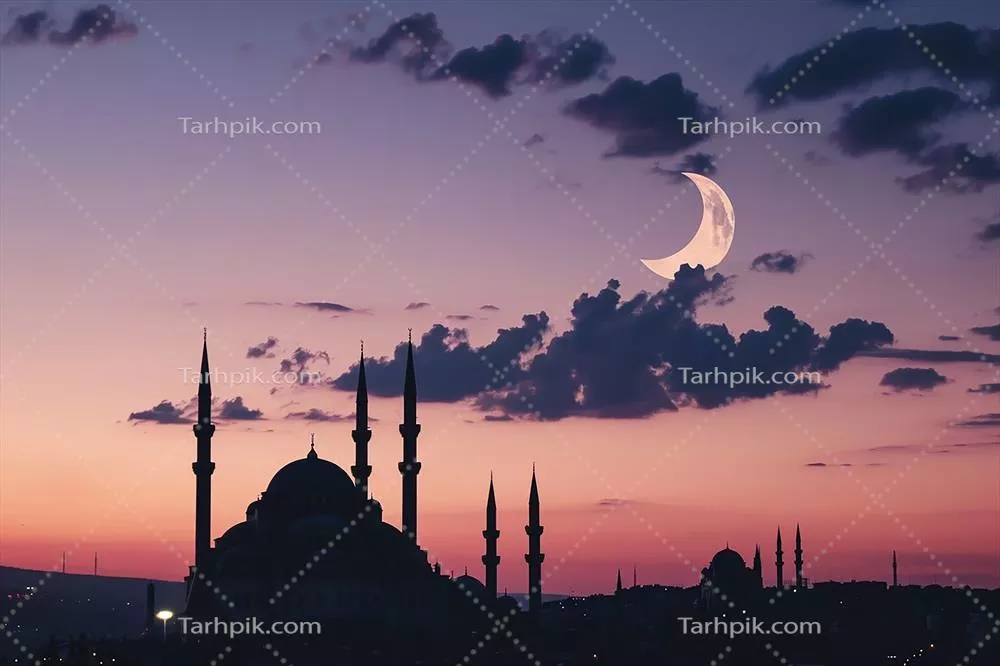 تصویر زمینه اسلامی生成شده با سیلوئت مسجد اسلامی در شب با ماه در آسمان آبی
