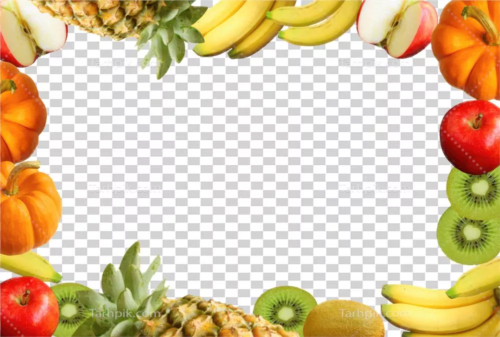 حاشیه میوههای طبیعی و خوشمزه برای بازار تابستانی با طرح کارتونی و پس زمینه شفاف