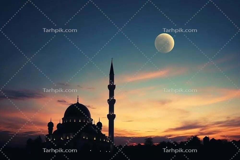 پس‌زمینه اسلامی تولید شده با هوش مصنوعی شامل سیلوئت مسجد اسلامی در شب با ماه در آسمان آبی