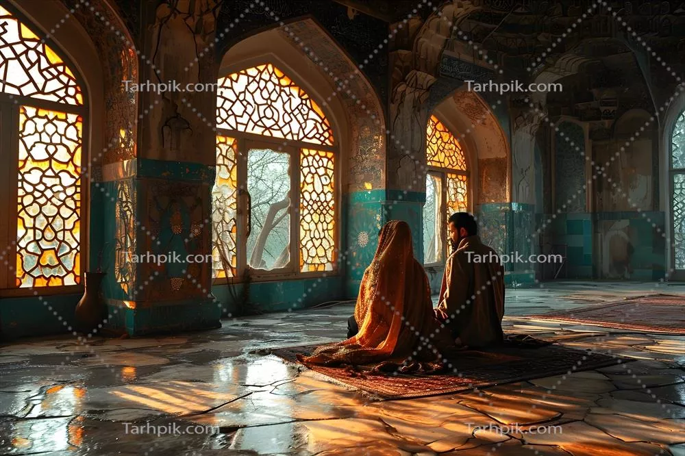 تصویر یک زوج مسلمان در حال نشستن در مسجد با لباس سنتی از طریق هوش مصنوعی تولید شده است