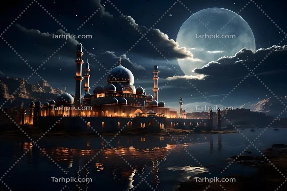 تصویر شگفتانگیز از مسجد زیبا در شب با ماه بزرگ و آسمان خیالی