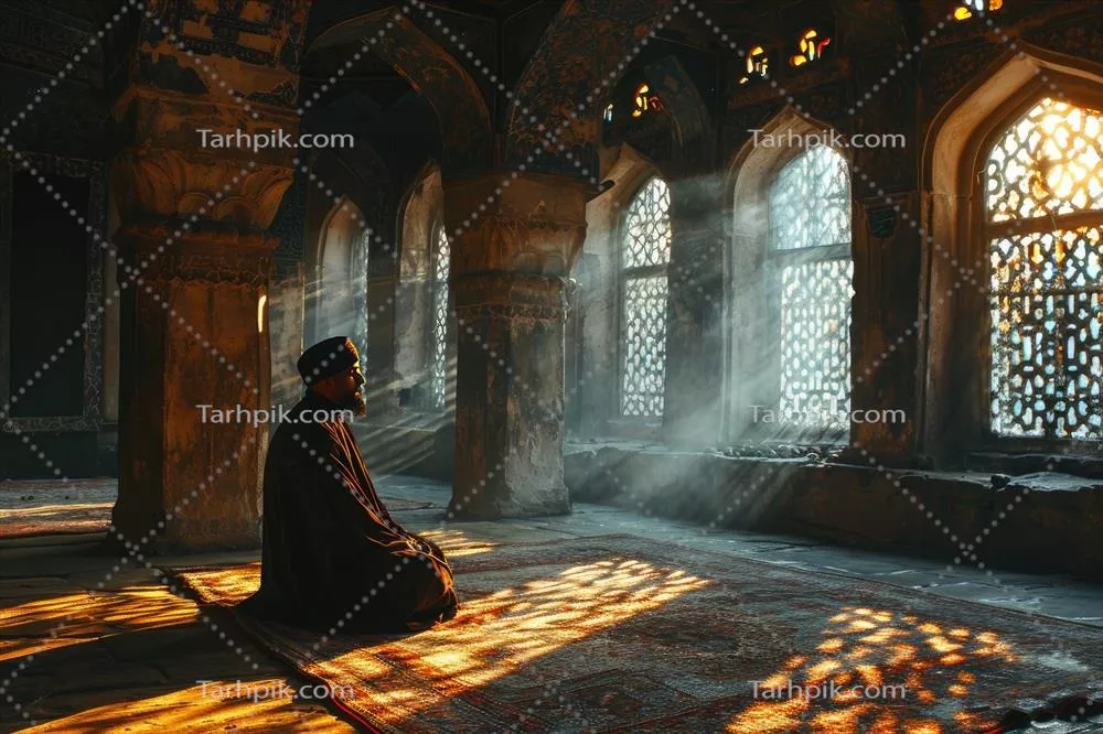 نمازخوانی مرد مسلمان در مسجد با نور خورشید و تاثیرات زیبای آن