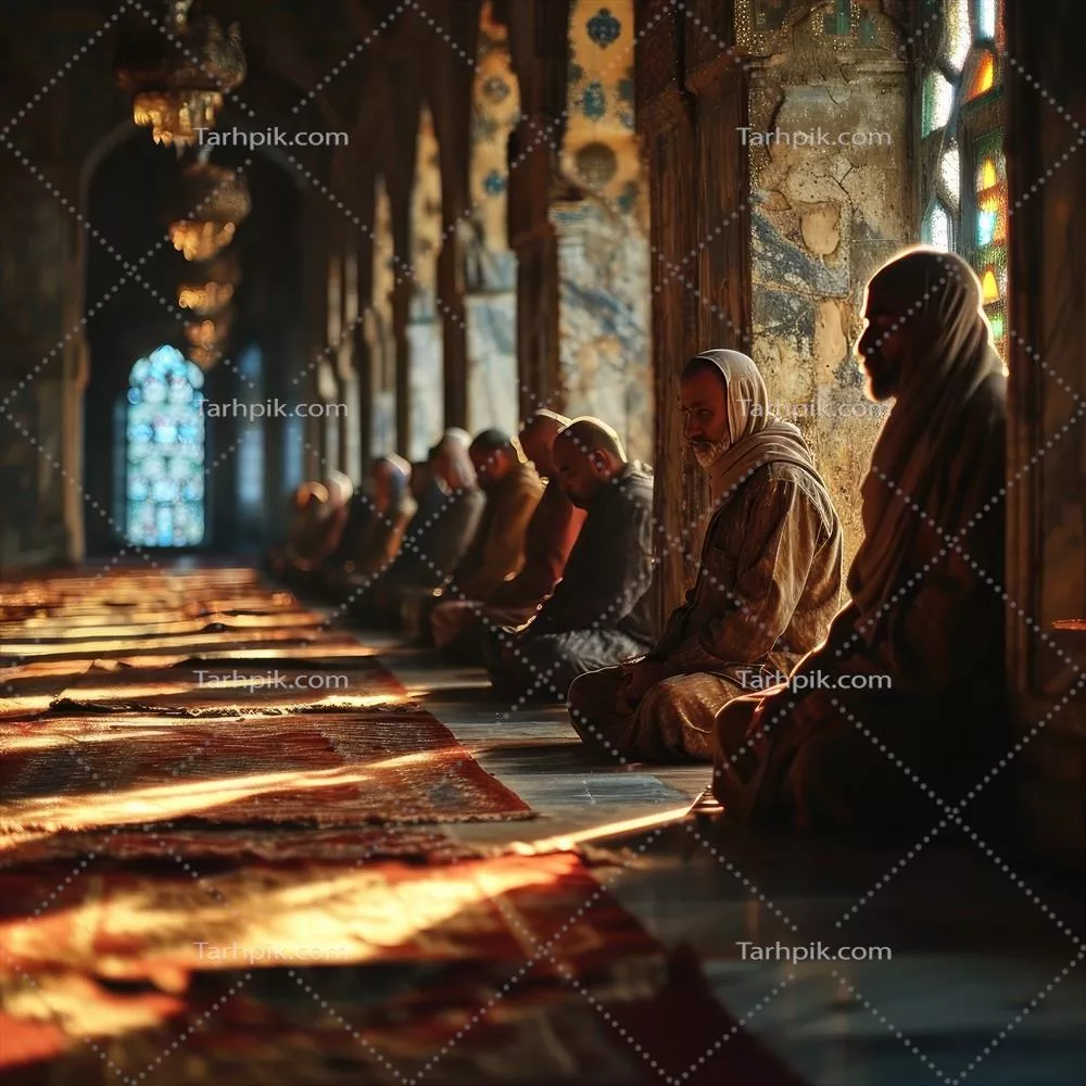 تصویر مرد مسلمان در حال عبادت در مسجد با نور خورشید و استفاده از هوش مصنوعی