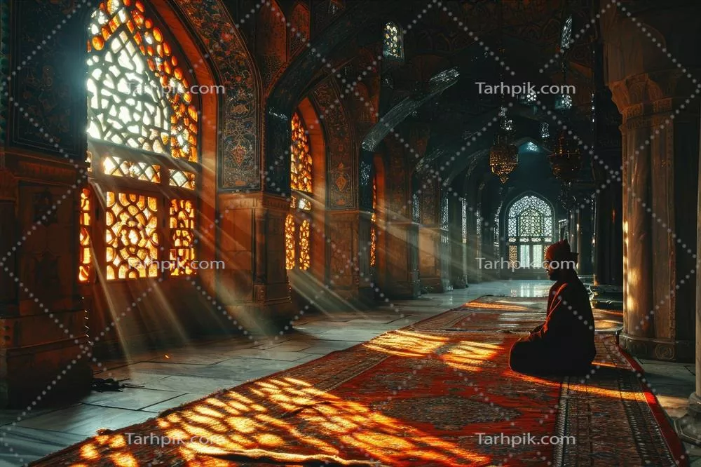 نماز خواندن یک مرد مسلمان در مسجد با اثر نور خورشید و عبادت خدا