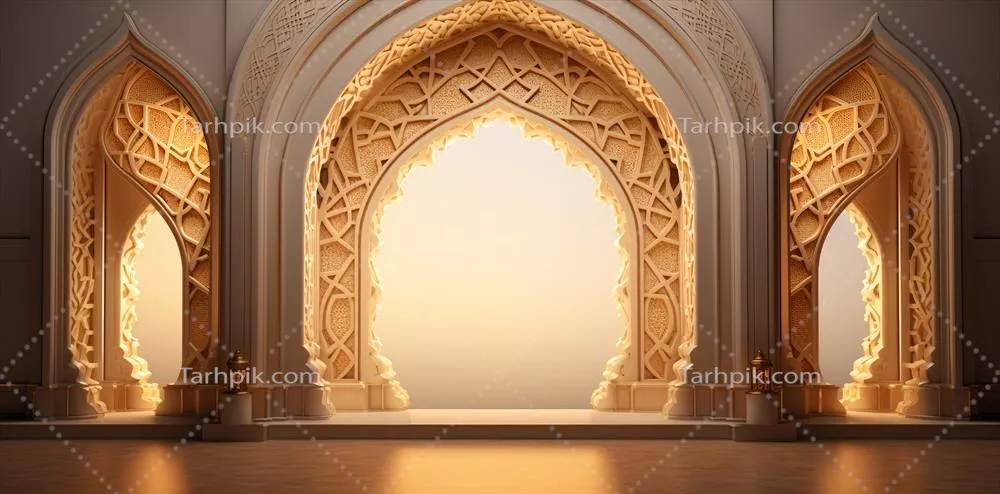طراحی داخلی درب ارکان بزرگ مسجد با الگوهای پیچیده و زیبا توسط هوش مصنوعی