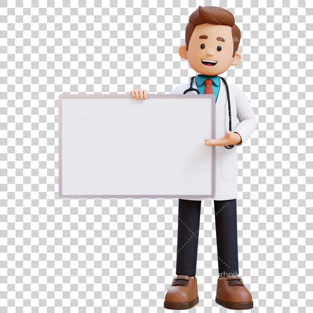 شخصیت دکتری سهبعدی در حال نگهداری از تابلو خالی مناسب برای محتوای پزشکی