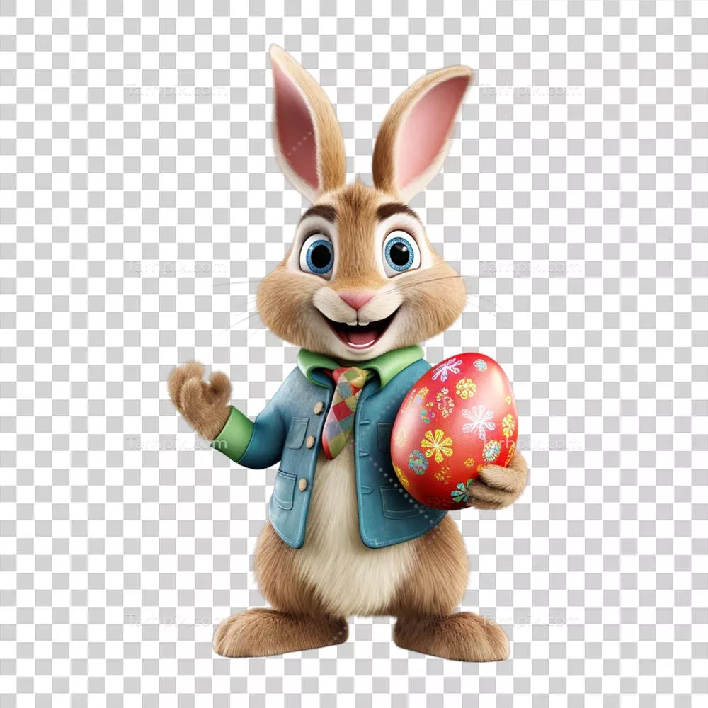 رندر سهبعدی هوش مصنوعی از یک خرگوش عید پاک دوستداشتنی با تخممرغ رنگارنگ در پسزمینه شفاف