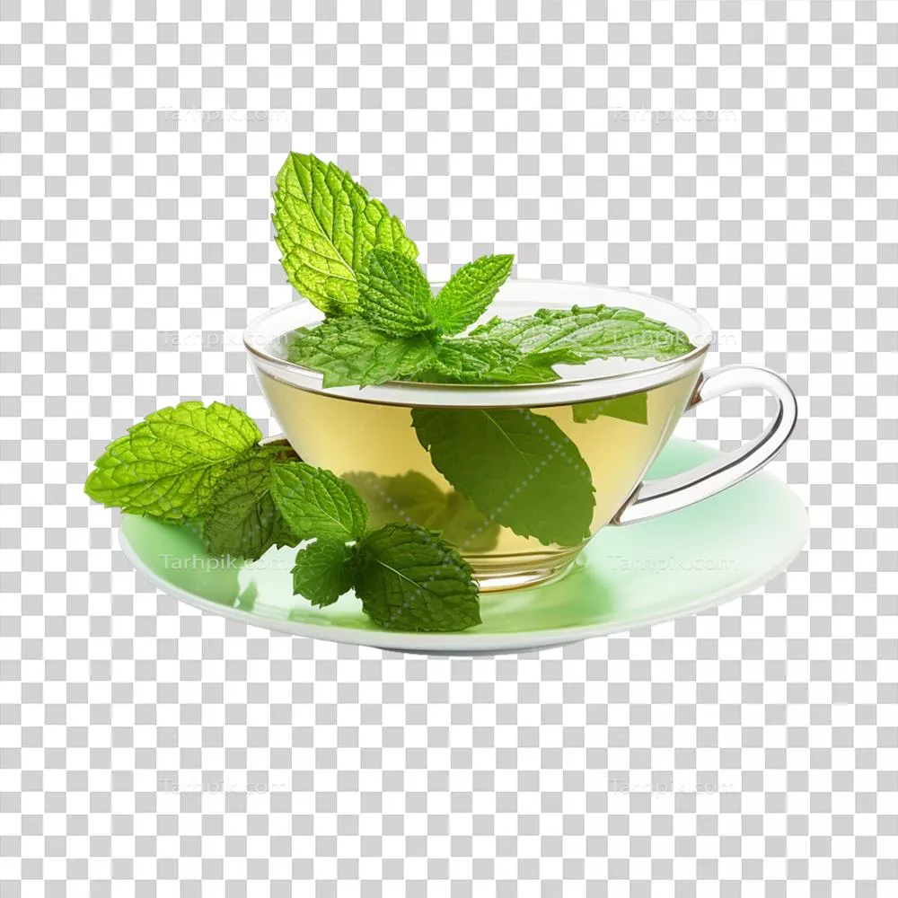 چای ساخته شده با هوش مصنوعی در فنجان با برگ نعناع بر روی پس زمینه شفاف