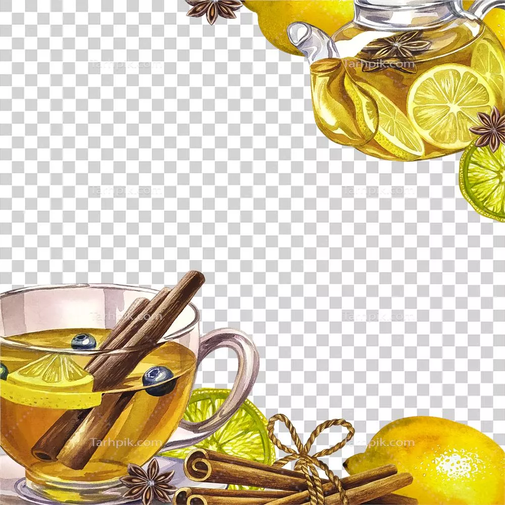 قاب با فنجان چای شفاف با لیمو و دارچین - تصویر آبرنگی دستکشیده برای دعوتنامهها و بستهبندی
