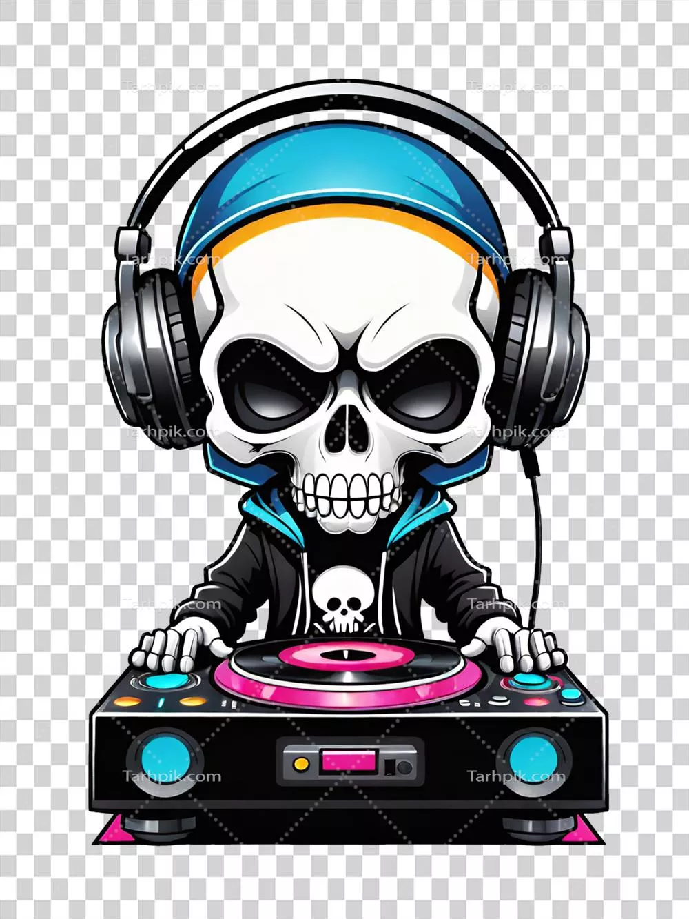 تصویر هنری DJ اسکلت با هدفون و صفحهگردان بر روی پسزمینه شفاف
