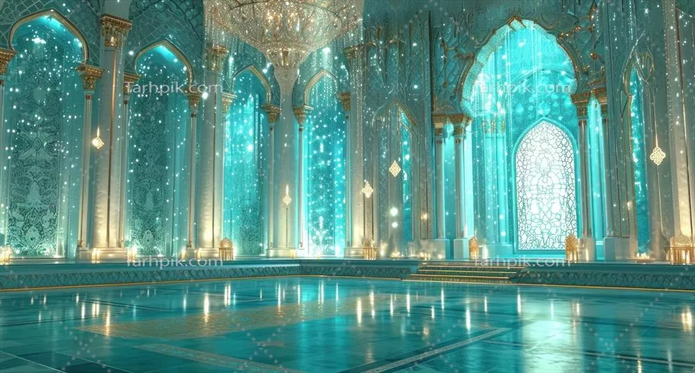 مسجد اسلامی ایجاد شده با هوش مصنوعی بر روی زمینه آبی