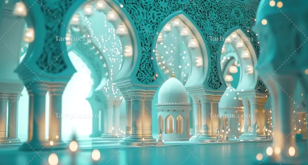 مساجد اسلامی تولید شده با هوش مصنوعی بر روی پس زمینه آبی