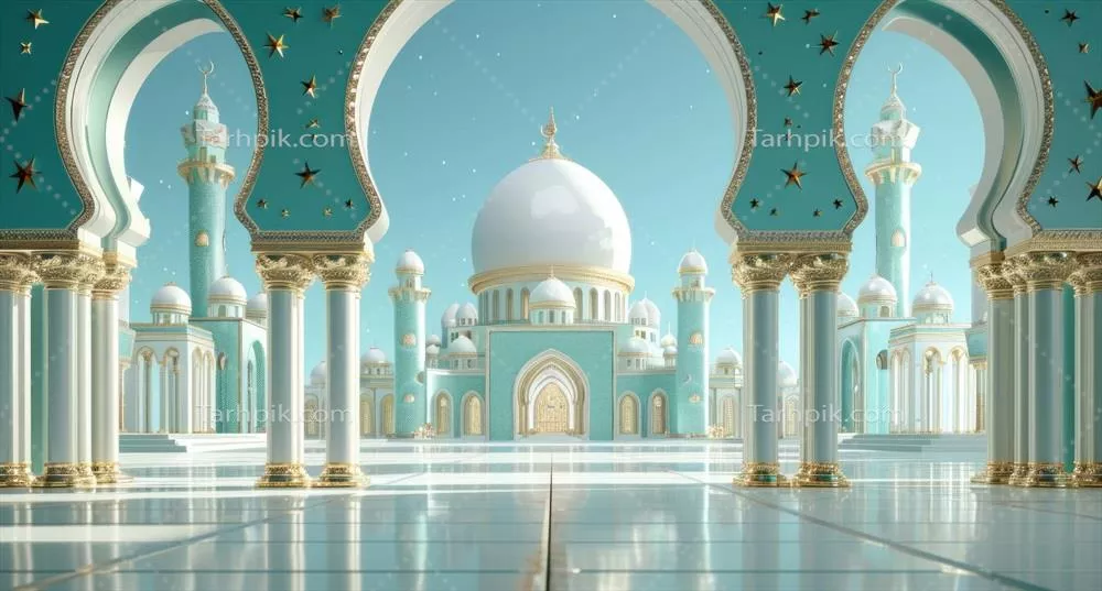 مدل هوش مصنوعی از یک مسجد اسلامی با پسزمینه آبی رنگ