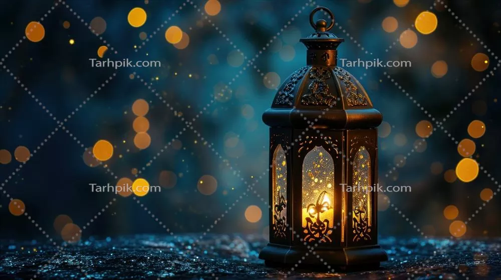 چراغ اسلامی تولید شده با هوش مصنوعی که بر روی زمین قرار دارد و با نورهای بوکه تزئین شده است