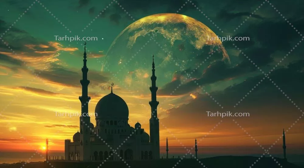 مسجد مصنوعی زیر نور ماه با نمایی خیرهکننده از غروب آفتاب