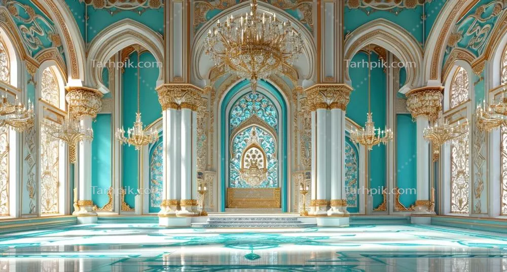 نمایش صحنه اسلامی تولید شده توسط هوش مصنوعی با چراغهای زینتی و لوسترها