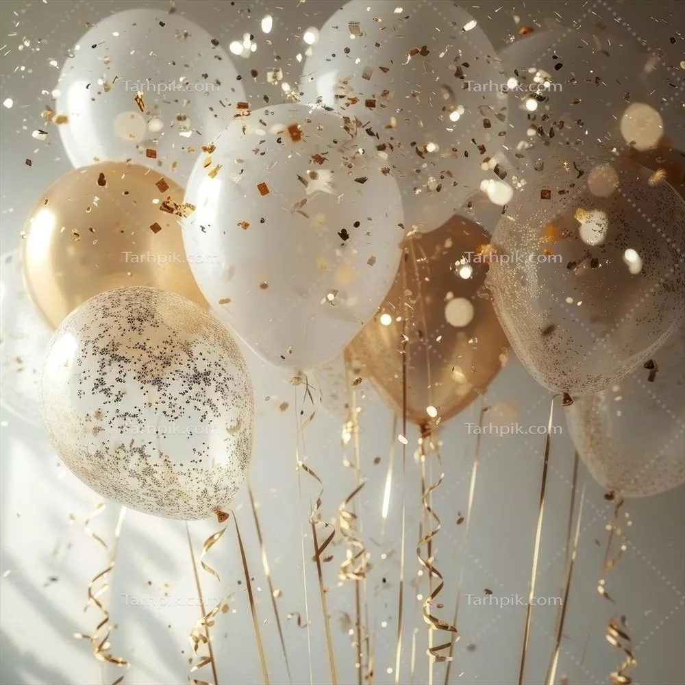 بادکنک‌های سفید تولدی با طراحی هوش مصنوعی و جرقه‌های طلایی زیبا