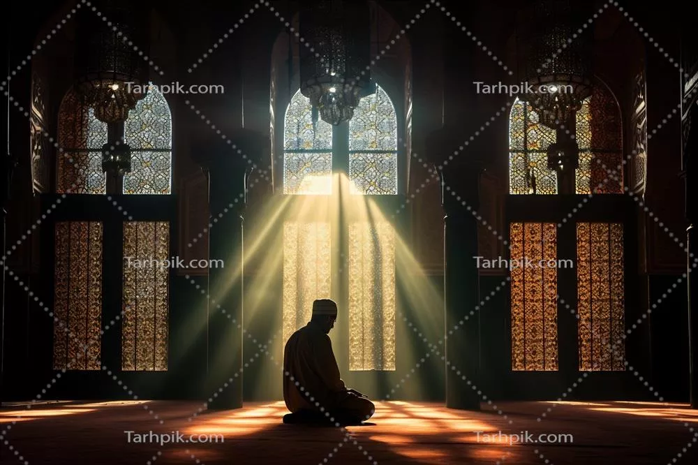نماهای جامع از عبادت یک فرد در داخل مسجد در ماه مقدس رمضان