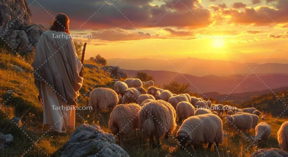 عیسی مسیح در حال نگاه کردن به گوسفندانش در غروب آفتاب
