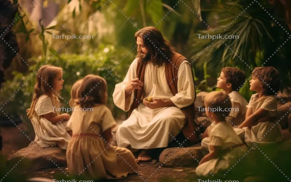 تصویر Jesus مسیح در حال گفتگو با کودکان و لبخند زدن به آنها از طریق هوش مصنوعی