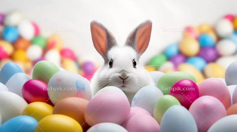 خرگوش عید پاک مصنوعی در کنار تخ Eggs تزئین شده برای طراحی های مربوط به تعطیلات و تبلیغات خانوادگی