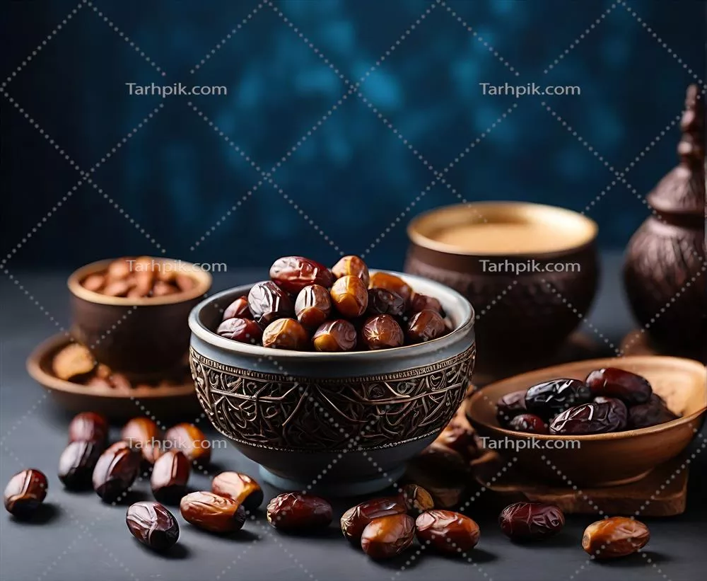 یک کاسه از خرما و مغزدانه ها در پس زمینه رمضان به صورت هوش مصنوعی ساخته شده
