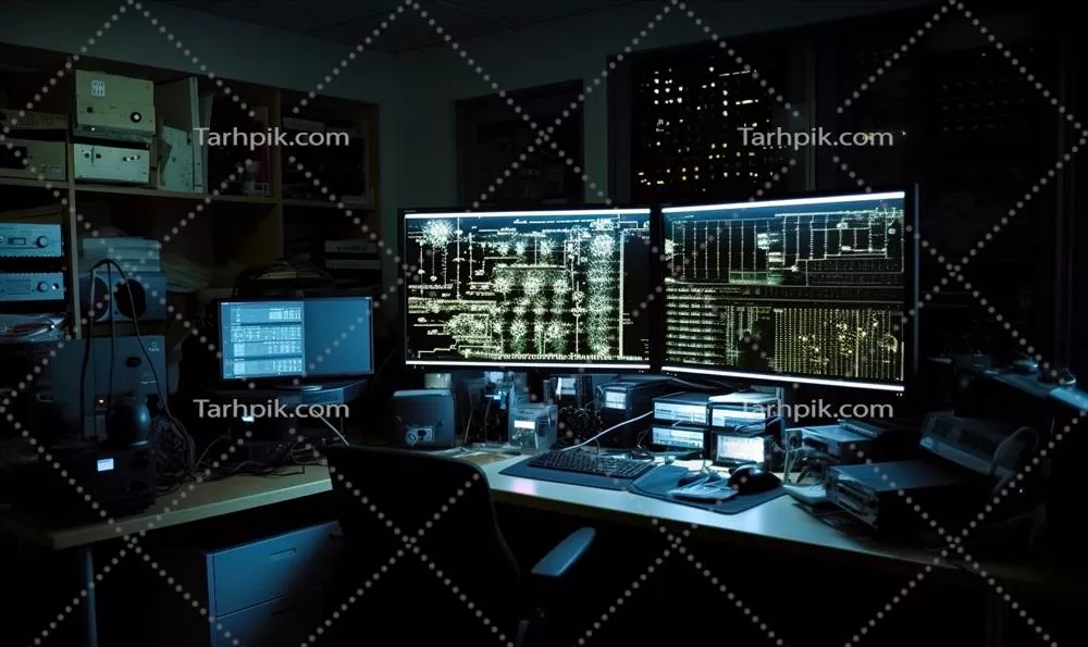 تصویر AI تولید شده از صفحه نمایش بزرگ با نمودارها و چارتهای بازاریابی دیجیتال بر روی دو مانیتور در بالای میز